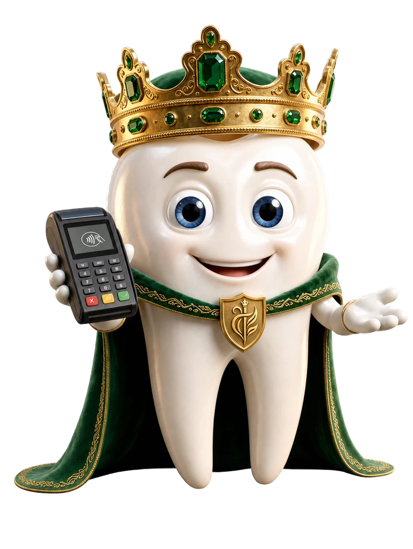 Rei Dentão, mascote da Excalibur Pay, com coroa e maquininha de cartão